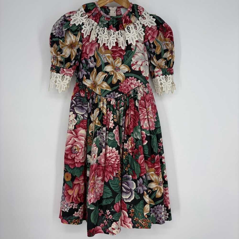 Vtg 80s Dress Size 7 Floral Cottagecore Garden Tea Party Lace Trim Collar USA M